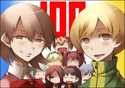  amagi_yukiko black_hair blonde_hair blush brown_eyes brown_hair closed_eyes earrings female_protagonist_(persona_3) grey_eyes grey_hair headband jewelry kirijou_mitsuru kujikawa_rise open_mouth persona persona_3 persona_3_portable persona_4 red_hair redhead satonaka_chie shirogane_naoto takeba_yukari troll_face watabow yamagishi_fuuka 