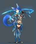  armor blue_eyes blue_hair breasts fox_ears fox_tail gauntles gauntlets greaves grin halter_top halterneck hand_on_hip highres original pose shadow shirogane_usagi short_shorts shorts simple_background smile solo tail thigh-highs thighhighs tubetop under_boob underboob weapon 