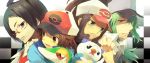  1girl 3boys black_hair brown_hair checkered cheren_(pokemon) green_hair hat multiple_boys n_(pokemon) oshawott pokemon pokemon_(creature) pokemon_(game) pokemon_black_and_white pokemon_bw snivy touko_(pokemon) touya_(pokemon) tyuraba 