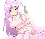  breasts bunny_ears bunny_tail garter_belt hotpants_(artist) jpeg_artifacts long_hair nurse purple_hair rabbit_ears red_eyes reisen_udongein_inaba solo syringe tail thigh-highs thighhighs touhou very_long_hair white_legwear white_thighhighs zettai_ryouiki 