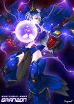  breasts clenched_hands electricity energy_ball fist granzon haganef mecha_musume midriff silver_hair solo super_robot_wars super_robot_wars_the_lord_of_elemental text under_boob underboob yellow_eyes 