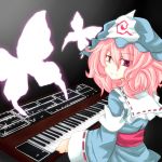  hat instrument japanese_clothes keyboard_(instrument) kikiriri looking_back pink_eyes pink_hair saigyouji_yuyuko solo touhou 