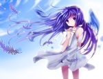  blue_eyes dress efu feathers long_hair original paper purple_hair solo wind wings 