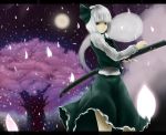  cherry_blossoms ghost highres konpaku_youmu konpaku_youmu_(ghost) letterboxed moon night petals shirawaki silver_hair sky solo sword touhou tree weapon 