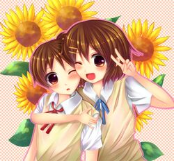  brown_eyes brown_hair flower hirasawa_ui hirasawa_yui k-on! ponytail saotome_mirai school_uniform short_hair siblings sisters sunflower v wink 