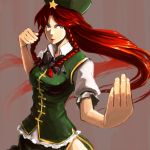  blue_eyes braid china_dress chinese_clothes fighting_stance foreshortening hands hat holysnow hong_meiling long_hair red_hair redhead solo touhou twin_braids 