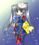  black_eyes black_hair cat_ears fan japanese_clothes k-on! kimono long_hair mask nakano_azusa sukuneko twintails yukata 