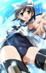  armpits brown_eyes brown_hair highres miyafuji_yoshika no_pants nomal open_mouth outstretched_arm outstretched_hand reaching school_swimsuit school_uniform short_hair strike_witches striker_unit striker_units swimsuit swimsuit_under_clothes tail 