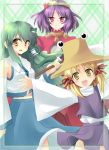  artist_request blonde_hair detached_sleeves eyes frog green_hair hat kochiya_sanae long_hair moriya_suwako multiple_girls nogawa_harumi purple_hair red_eyes short_hair touhou yasaka_kanako yellow_eyes 