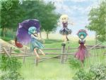  :p balancing blonde_hair blue_hair fence green_eyes green_hair heterochromia highres kagiyama_hina kuro_mame mizuhashi_parsee multiple_girls nature tatara_kogasa tongue touhou umbrella 