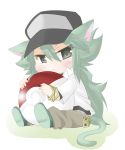  bangle baseball_cap blush cat_ears cat_tail chibi green_hair grey_eyes hat kemonomimi_mode male n_(pokemon) poke_ball pokemon pokemon_(game) pokemon_black_and_white pokemon_bw ponytail rubik&#039;s_cube smirk tail void_cube 