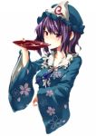  hat highres japanese_clothes kimono purple_hair red_eyes saigyouji_yuyuko sakazuki sake simple_background solo touhou unasaka_ryou 