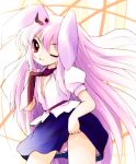  breasts bunny_ears cleavage highres long_hair necktie no_bra open_clothes open_shirt purple_hair rabbit_ears red_eyes reisen_udongein_inaba shirt skirt skirt_lift solo touhou very_long_hair wink yume_shokunin 