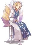  1girl blonde_hair blush chair dress fox_tail hat hat_with_ears long_sleeves looking_at_viewer multiple_tails rough short_hair simple_background sitting solo stool tabard tail touhou umeboshitora white_background white_dress yakumo_ran yellow_eyes 