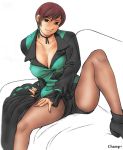  brown_eyes brown_hair champ+ cleavage couch earrings jewelry king_of_fighters legwear_under_shorts pantyhose seductive_smile short_hair shorts snk solo spread_legs thighs vice 