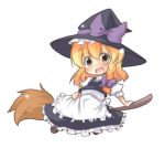  black_dress blonde_hair braid broom brown_eyes chibi dress hair_ribbon hat kirisame_marisa long_hair ribbon side_braid tobi_(artist) tobi_(nekomata_homara) touhou witch_hat 