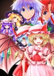  blonde_hair blue_eyes blue_hair bow cosplay costume_switch fang flandre_scarlet flandre_scarlet_(cosplay) hair_bow hands_on_hips hat highres hong_meiling hong_meiling_(cosplay) izayoi_sakuya izayoi_sakuya_(cosplay) kirisame_marisa long_hair maid_headdress patchouli_knowledge purple_hair red_eyes red_hair remilia_scarlet remilia_scarlet_(cosplay) short_hair slit_pupils sweatdrop touhou wings 