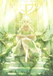  book dress fantasy feet green_eyes minami_seira original overgrown plant sitting solo throne white_hair 