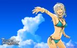  bikini blue_background blue_bikini bracelet breasts cleavage front-tie_top hairband jewelry logo londrine mound_of_venus navel official_art rondorine side-tie_bikini smile swimsuit tales_of_(series) tales_of_phantasia tales_of_phantasia:_narikiri_dungeon_x tales_of_phantasia_x title_drop wallpaper wink 