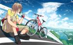  antenna_hair bad_id bag bicycle brown_hair cloud fingerless_gloves gloves guard_rail original outdoors outside satchel scenery shoes short_hair shorts sitting sky sneakers solo water_bottle 