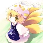  blonde_hair chibi dress fox_tail hat highres long_sleeves looking_up multiple_tails short_hair sleeves_past_wrists smile solo tail touhou wide_sleeves yakumo_ran yellow_eyes young yume_shokunin 