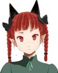  1girl animal_ears blush bow braid bust cat_ears extra_ears freckles hair_bow kaenbyou_rin long_hair looking_at_viewer maskman pointy_ears red_eyes redhead simple_background slit_pupils solo touhou twin_braids white_background 