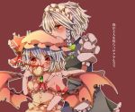  bat_wings biting blue_hair blush cup drinking hat izayoi_sakuya maid maid_headdress multiple_girls pote red_eyes remilia_scarlet role_reversal short_hair silver_hair surprised teacup touhou translated wings 