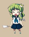  chibi frog gohei green_hair hair_ornament kabayaki_unagi kochiya_sanae long_hair lowres school_uniform snake solo touhou 