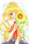 blonde_hair blue_eyes flower highres hokuna_rin kamio_misuzu long_hair ponytail school_uniform sunflower wink 