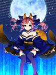  1girl animal_ears bare_shoulders binary blue_legwear bow breasts caster_(fate/extra) cleavage detached_sleeves fate/extra fate_(series) fox_ears fox_tail full_moon geta hair_bow hair_ribbon japanese_clothes knight07 moon pink_hair ribbon solo tail thigh-highs twintails yellow_eyes 