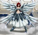  boots breasts brown_eyes cap cleavage dual_wielding erza_scarlet fairy_tail gauntlets midriff navel red_hair redhead screencap sword weapon wings 