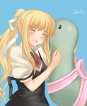  blonde_hair closed_eyes dinosaur hug kamio_misuzu kanzume_shima long_hair ponytail school_uniform stuffed_animal stuffed_toy 