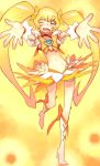  blonde_hair boots cure_sunshine dress futari_wa_precure heartcatch_precure! highres hijiri_rei long_hair magical_girl myoudouin_itsuki outstretched_hand precure solo standing_on_one_leg twintails very_long_hair yellow yellow_background yellow_dress yellow_eyes 