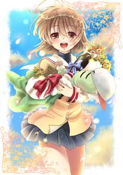  1girl bouquet brown_eyes brown_hair clannad costume dango_daikazoku flower furukawa_nagisa koage open_eyes school_uniform short_hair tube 