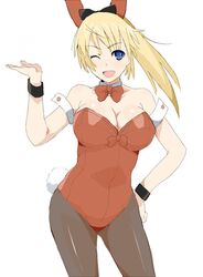  blonde_hair blue_eyes bunny_ears bunnysuit chinchilla freckles katharine_ohare long_hair pantyhose ponytail rabbit_ears strike_witches wink 