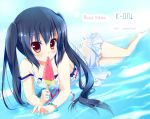  barefoot blue_hair blush bracelet dress eating food frills fruit jewelry k-on! legs long_hair lying multicolored_eyes nakano_azusa on_side see-through solo strap_slip twintails water watermelon wet_clothes white_dress 
