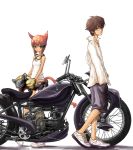  brown_hair cross glasses goggles green_eyes hand_in_pocket helmet lin+ motor_vehicle motorcycle nike paws red_hair redhead shoes shorts simple_background sneakers standing tail vehicle yellow_eyes 