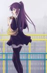  bag bakemonogatari blue_eyes dress legs long_hair looking_back monogatari_(series) pantyhose phone playstation_portable ponytail psp purple_hair purse rinbukyoku scrunchie senjougahara_hitagi solo 