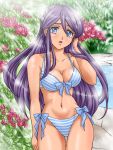  bad_id bikini blue_eyes breasts cleavage flower front-tie_top inazuma_eleven kudou_fuyuka long_hair pool purple_hair senba_(misuzi) side-tie_bikini striped striped_bikini striped_swimsuit swimsuit 