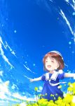  1girl brown_hair child clannad closed_eyes hat highres minamito okazaki_ushio open_mouth outstretched_arms sailor_dress school_uniform short_hair spread_arms 