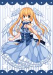  angel_wings aoilio bare_shoulders blonde_hair blue_dress breast_suppress dress head_wings open_mouth original petticoat smile solo star striped striped_background wings 
