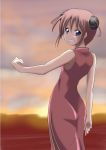  blue_eyes china_dress chinese_clothes clenched_hand fist gintama grin kagura_(gintama) looking_back red_hair redhead short_hair smile sunset 