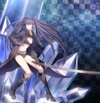  bikini_top black_hair black_rock_shooter black_rock_shooter_(character) blue_eyes boots checkered gloves kaiseki long_hair midriff navel shorts solo sword twintails very_long_hair weapon 