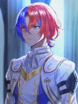  1boy alear_(fire_emblem) alear_(male)_(fire_emblem) blue_eyes blue_hair closed_mouth crossed_bangs fire_emblem fire_emblem_engage hair_between_eyes heterochromia highres male_focus multicolored_hair red_eyes redhead short_hair solo split-color_hair tomo_shirasu two-tone_hair upper_body 