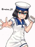  1girl black_hair blue_eyes blue_sailor_collar bob_cut cowboy_shot daitou_(kancolle) depth_charge dress hat high_ponytail highres kantai_collection maakun_(makun_dx) one-hour_drawing_challenge sailor_collar sailor_dress sailor_hat short_hair short_ponytail short_sleeves simple_background solo twitter_username white_background white_dress white_headwear 