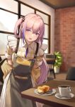  1girl 3_small_spiders apron arms_behind_back black_apron commentary_request commission girls_frontline highres indoors leaning_forward long_hair looking_at_viewer multicolored_hair official_alternate_costume one_side_up open_mouth pink_hair plaid purple_hair skeb_commission solo st_ar-15_(girls&#039;_frontline) streaked_hair table two-tone_hair violet_eyes 