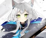  1girl animal_ear_fluff animal_ears arknights artist_name blush cat_ears cat_girl commentary green_eyes itsuki_02 long_hair looking_at_viewer parted_lips rosmontis_(arknights) solo straight-on twitter_username white_hair 