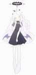  1girl alternate_costume black_dress blue_archive blush closed_eyes dress facing_viewer full_body hair_ornament halo highres hina_(blue_archive) horns kii_(kiiui) long_hair looking_at_viewer low_wings multiple_horns platform_footwear ponytail purple_wings shoes short_sleeves simple_background solo standing v very_long_hair white_background white_hair wings 