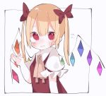  1girl ascot blonde_hair crystal flandre_scarlet frills hair_ribbon medium_hair nacht_musik open_mouth puffy_short_sleeves puffy_sleeves red_eyes red_ribbon ribbon short_sleeves simple_background solo touhou twintails upper_body v white_background wings yellow_ascot 