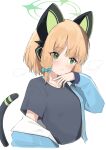  1girl animal_ear_headphones animal_ears black_shirt blonde_hair blue_archive blue_bow blue_jacket blush bow closed_mouth fake_animal_ears green_eyes green_halo hair_bow halo headphones highres jacket long_sleeves midori_(blue_archive) open_clothes open_jacket shirt short_hair short_sleeves solo track_jacket upper_body yoimura 